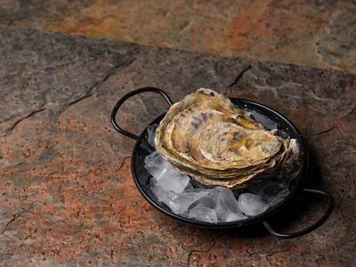 石底黑金属碗冰上新鲜封闭牡蛎的特写