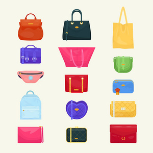 女包矢量女孩手提包或钱包和购物袋或宽松包装从时装商店插图集购物者袋装包装在后台隔离