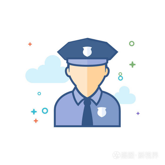 警察头像图标轮廓平坦的颜色风格矢量插图