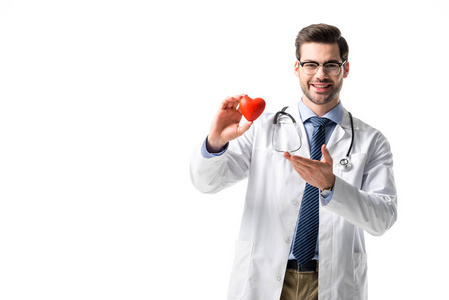 微笑的医生穿着白色大衣与听诊器和持有玩具心脏隔离白色