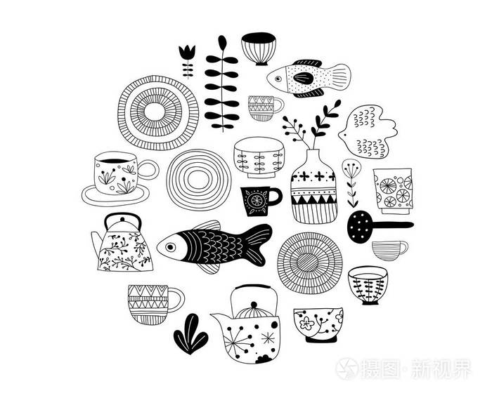 插画 简约, 典雅, 时尚的收藏现代手工绘制的厨具, 日本陶瓷, 徽标和