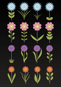 暗色背景下的花集隔离。花卉设计, 各种颜色的矢量插图