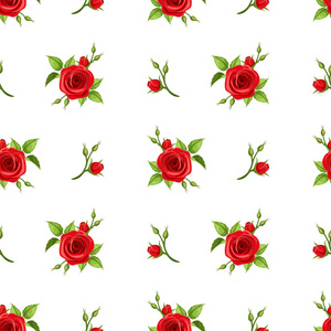 矢量无缝模式在白色背景上的红玫瑰