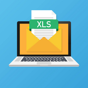 带信封和 Xls 文件的笔记本电脑。带文件附件 Xls 文档的笔记本和电子邮件。向量例证