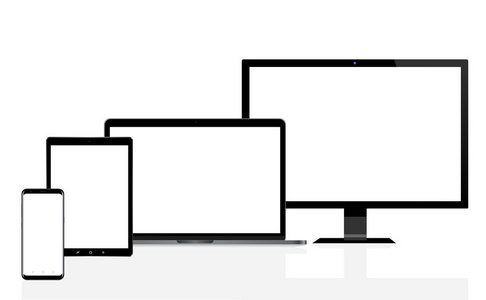 现代计算机, 笔记本电脑, 移动电话和数字平板电脑在白色隔离