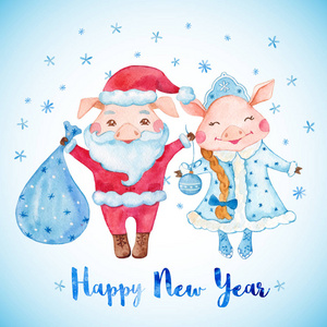 新年贺卡与可爱的猪在圣诞老人和雪少女的服装。2019中国新年的猪。水彩插图
