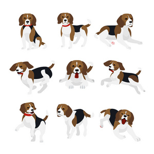 矢量插画集可爱有趣的猎犬狗, 活泼的动作, 玩, 跳狗在平面设计