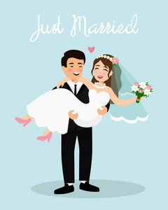婚礼情侣新娘和新郎的矢量插图。刚结婚的情侣, 快乐的新郎是抱着新娘, 卡通扁平的风格