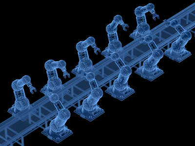 3d 绘制黑色背景的带传送带的 x 射线机器人装配流水线