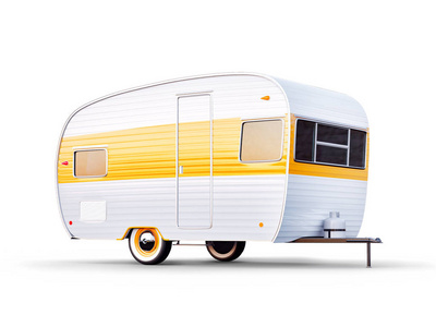 复古拖车 isolaten 白色。不寻常的3d 典型的大篷车的例证。野营和旅行概念