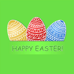 快乐复活节贺卡与彩色鸡蛋在绿草背上