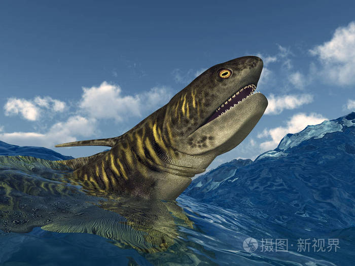 史前鲨鱼 orthacanthus 在暴风雨的大海中
