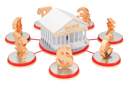 银行服务概念, 银行周围的货币符号。3d 渲染