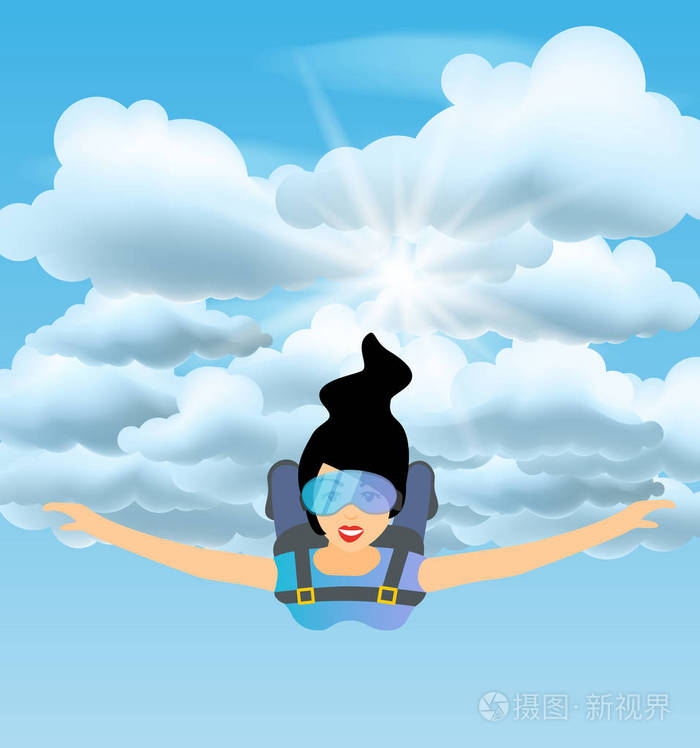 插画 跳伞的女人在蓝天下飞翔.矢量女性字符.天空跳水卡通运动员.