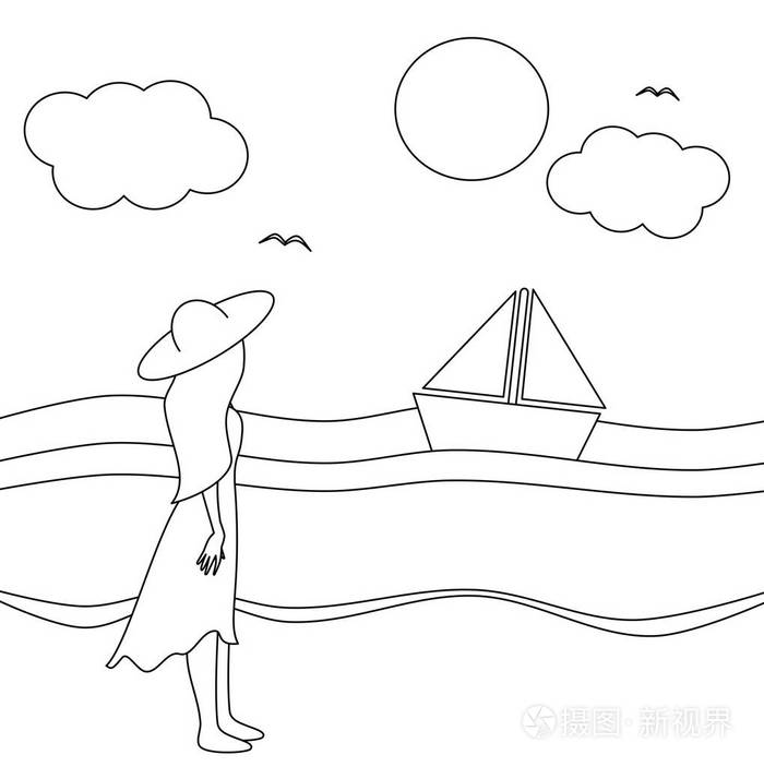 可爱的卡通矢量黑白插图与女孩看海在一个晴朗的日子