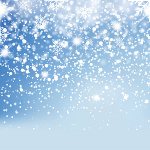 在蓝色的背景下飘落的白雪或雪花, 新年快乐。向量