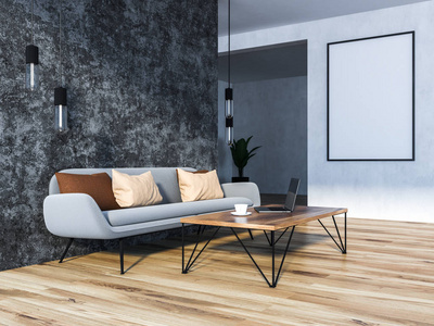 白色和灰色起居室的内部设有木地板灰色沙发米色和棕色靠垫以及带笔记本电脑的咖啡桌。3d 渲染垂直模拟海报框架