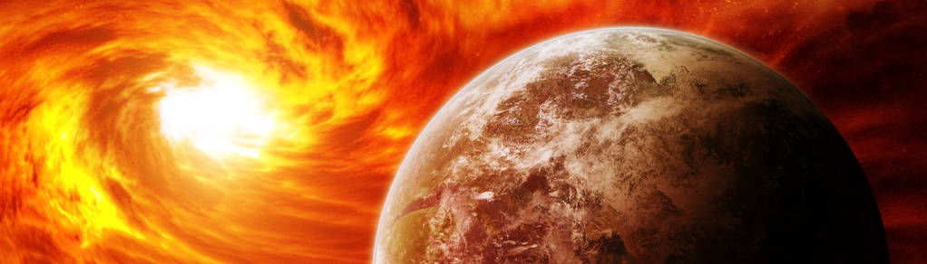 在靠近行星3d 渲染元素的空间中爆炸太阳