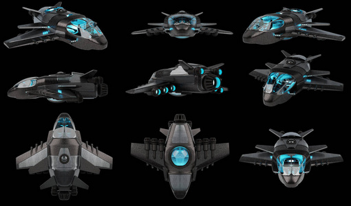 在黑色背景下分离的未来太空飞船收集3d