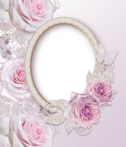 椭圆形的镜框。娇嫩的粉红色玫瑰花组成, 白色的叶子与元素的佩斯利, 花边卷发, 珍珠弯曲