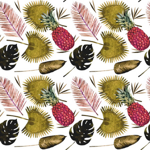 水彩热带棕榈叶无缝图案插图