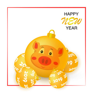 中国新年象征2019年。快乐假日贺卡与红色框架在白色背景。圣诞球与猪的矢量图解