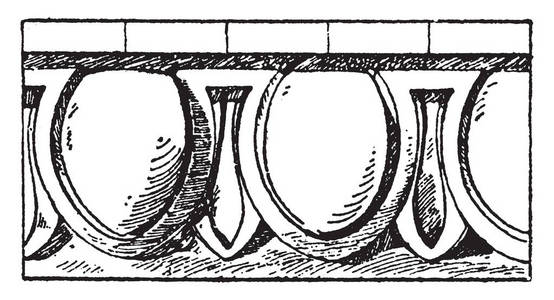 浮雕蛋舌造型是一个鸡蛋图案, 包覆瓷砖, 带和花纹, 复古线条画或雕刻插图
