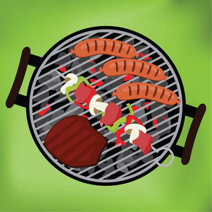 烧烤牛排 香肠和烤羊肉串的绿色背景，ve