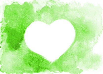 抽象水彩斑点的背景图像, 形成一种以心为形式的文本的任意形状的绿色颜色