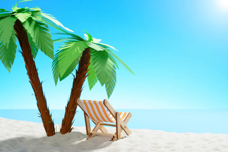 太阳躺椅在沙地沿岸的棕榈树下。具有复制空间的天空