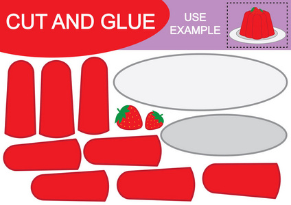 儿童教育游戏。用草莓在板材上剪切和粘附果冻的图像