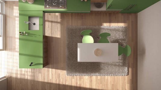 顶级景观, 现代简约木制厨房与餐桌和地毯, 白色和绿色建筑室内设计