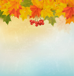 复古的秋天背景与五颜六色的树叶。矢量