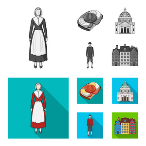 丹麦, 历史, 餐厅, 和其他网页图标单色, 扁平风格。三明治, 食物, 面包, 集合中的图标