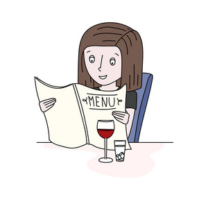 可爱的女孩在餐馆或咖啡馆看菜单。矢量轮廓图。桌子上有一杯酒。