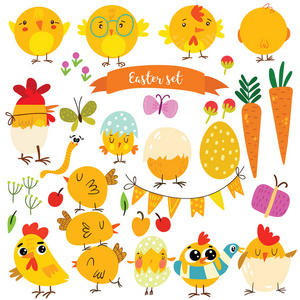 复活节快乐矢量集。可爱的小鸡, 兔子和鸡蛋, 黄色的颜色