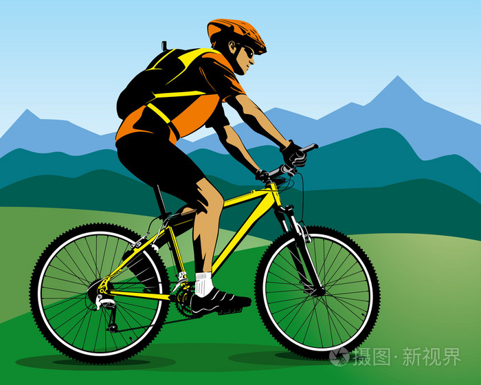 骑自行车的人和蓝山彩色插图