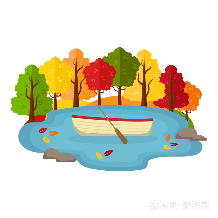 向量秋季景观.秋天森林里的池塘里的小船