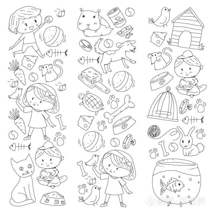 插画 宠物店动物园兽医幼稚园小孩子.孩子们和动物玩耍.