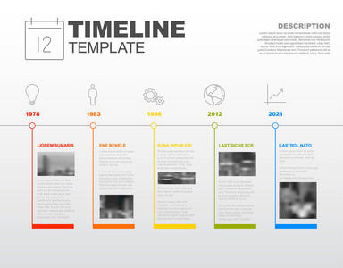 简单的矢量信息时间线报告模板与最大的里程碑, 图标, 照片, 年