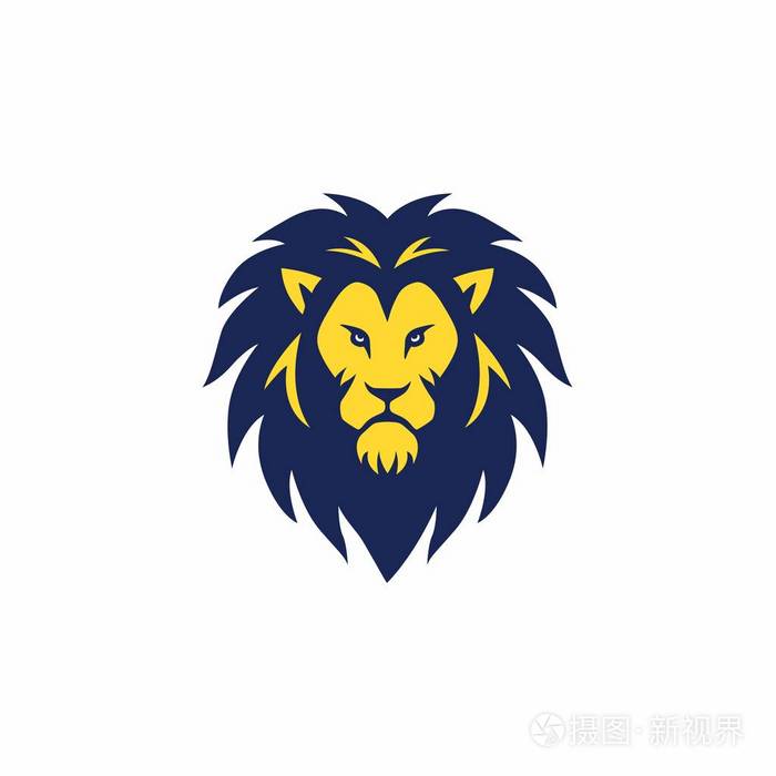 蓝色黄色愤怒的狮子头徽标, 符号, 矢量设计例证