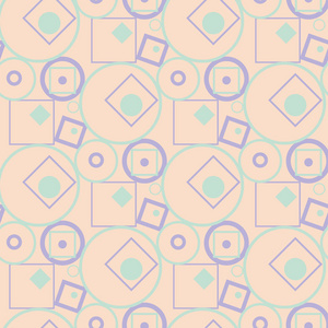 无缝模式与几何设计。紫色和蓝色元素在淡粉色背景。面料和墙纸