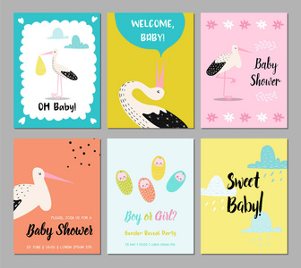 婴儿沐浴卡设置。新生儿邀请, 祝贺, 海报, 问候设计与可爱的鹳。生日快乐派对装饰。矢量插图