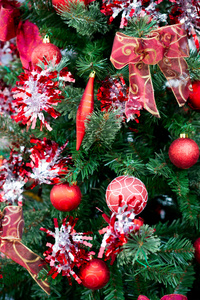 圣诞红球和圣诞树上的装饰