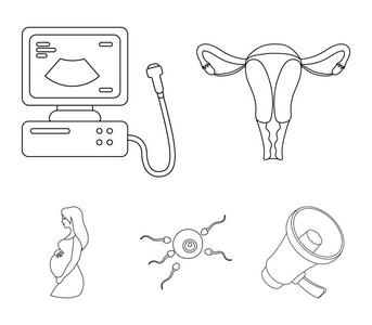 子宫 超声 施肥装置。怀孕在大纲样式矢量符号股票图 web 设置集合图标