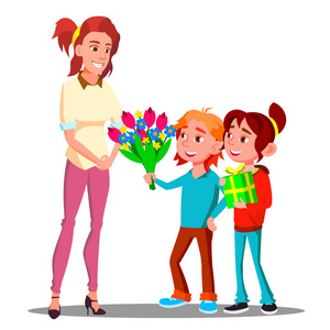 孩子们给母亲送花和礼物。礼物。孤立的插图