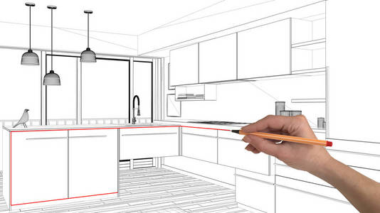 室内设计项目理念, 手绘定制建筑, 黑白水墨素描, 蓝图展示现代简约厨房