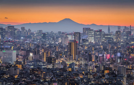 东京夜景与山富士在背景上