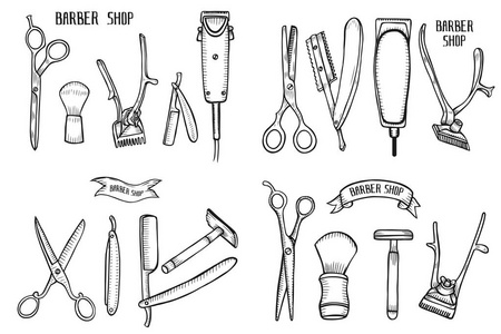 理发店设置。手工画的插图在白色的老式雕刻风格隔绝