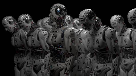 3d 渲染非常详细的未来机器人军队或机器人组在黑色背景